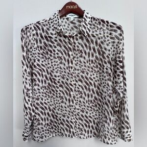 express tan and brown animal print chiffon button up shirt top size M